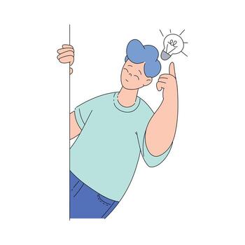 Smiling Man Character Looking Out of Corner with Lightbulb Illustration vector
