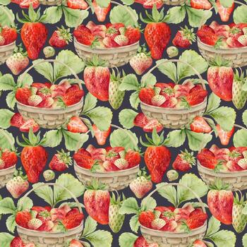 fresa en tejido cesta con hojas, lleno y cortar en medio maduro escogido jardín baya cosecha. sin costura mano dibujado acuarela modelo aislado en oscuro. postre libro de cocina, agricultores mercado, eco jardinería vector