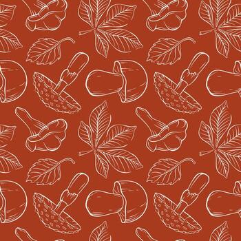 Seamless pattern of line art style mushroom fly agaric, Boletus, Chanterelle and chestnut, Birch leaf on a red background. Simple forest botanical design for seasonal fabric and decoration. vector