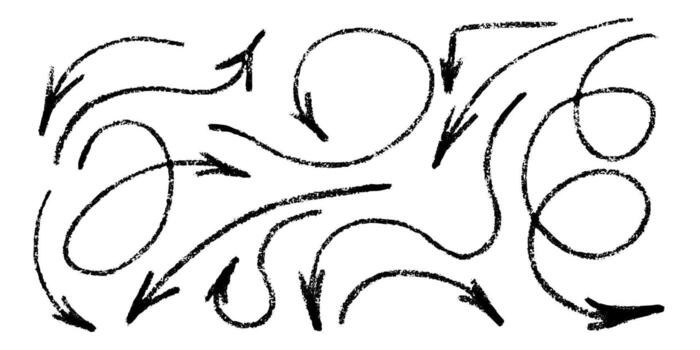 Crayon arrows icons set. Hand drawn freehand different swirls curved lines arrows. Doodle pencil drawing, black chalk strokes. Direction pointers. Scribbles and scrawls. vector