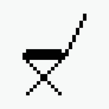 black and white chair pixel art icon illustration, The chair features a simplistic design with a square seat and elongated backrest, formed by pixels. vector