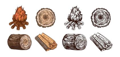 Hand-drawn wood and fire illustrations vector