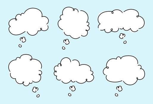 Blank speech or thought bubbles on blue background for design, conversation, and creative concepts. Set of speech or thought bubbles with different shapes, text chat cloud for comments, posts, comics vector