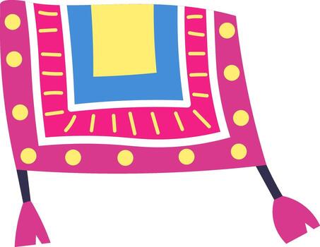 Whimsical magic carpet with pink tassels and colorful geometric patterns floating on a white background, evoking a sense of wonder and adventure vector