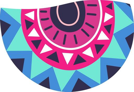 Vibrant abstract design featuring a semicircle filled with geometric shapes, triangles, and circular elements in a captivating mix of pink, blue, turquoise, and dark tones vector