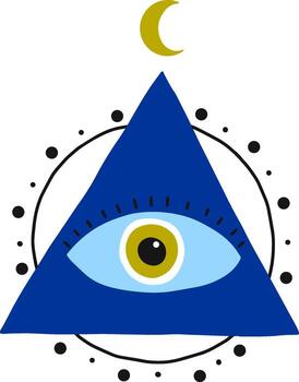 The all seeing eye, depicted inside a blue triangle with a crescent moon above and black dots surrounding it, is a powerful symbol of spiritual enlightenment and divine protection vector