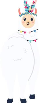 Adorable llama character wearing a colorful feather headdress and a festive garland, adding a touch of whimsy and celebration to any design vector
