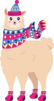 Charming llama is wearing a colorful winter outfit, complete with a knitted hat, a patterned scarf, and warm socks, creating a heartwarming and festive scene vector