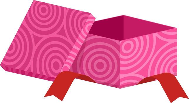rosado abierto regalo caja adornado con un vibrante rojo cinta y presentando un juguetón concéntrico círculos patrón, exhibiendo sus vacío interior y atractivo posibilidades para un especial presente vector