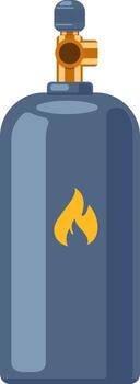 Grey metal gas cylinder featuring a brass valve and displaying a yellow flame symbol, signaling flammable contents and emphasizing the importance of safety and caution in storage vector