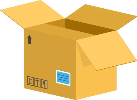 Open cardboard box featuring handling symbols and a shipping label, perfect for showcasing shipping, delivery, and logistics concepts against a transparent background vector