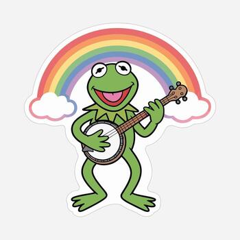 Kermit the frog, the beloved muppet character, is depicted playing the banjo against a vibrant rainbow backdrop, isolated on white background, creating a cheerful and whimsical image vector