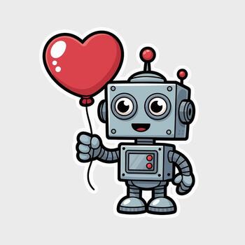 un dibujos animados robot participación un rojo en forma de corazon globo, aislado en blanco antecedentes el robot tiene un linda y simpático expresión, con grande ojos y un pequeño sonrisa, en pie en sus pies vector