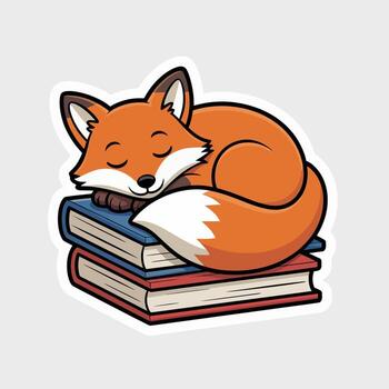 linda dibujos animados zorro dormido en un apilar de libros aislado en blanco fondo, ilustración de un zorro leyendo un libro en un biblioteca, un zorro relajante con un libro, diseño vector