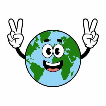 Cartoon earth globe character with a happy face, arms, and hands making peace signs, isolated on white background, a fun and friendly illustration for global unity and positivity vector