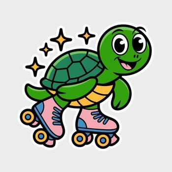 Cartoon turtle on roller skates with stars isolated on white background, a cute and cheerful animal character skating with speed and fun in a playful retro style design vector