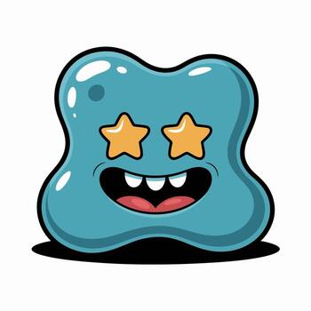 Cute blue blob monster with star eyes and a happy smile isolated on white background, a cheerful cartoon character with a funny expression and playful design vector