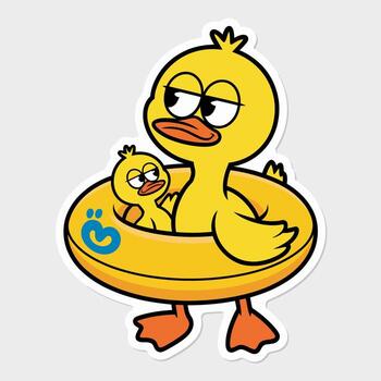 un dibujos animados Pato flotadores en un amarillo inflable anillo con un menor pato, aislado en blanco fondo, creando un linda y juguetón imagen Perfecto para para niños diseños vector