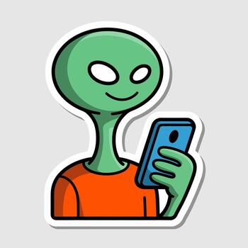 An alien is depicted using a smartphone, showcasing a cartoon character isolated on white background, with a funny and modern design, perfect for digital artwork and creative concepts vector