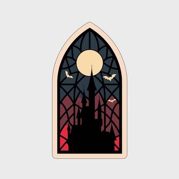 Gothic castle window with moon and bats sticker isolated on white background, perfect for halloween, spooky themes, and gothic designs, creating a mysterious and eerie atmosphere vector