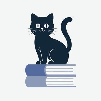 A charming black cat perched gracefully atop a stack of books, isolated on white background, creating a delightful scene that celebrates the joy of reading and feline companionship vector