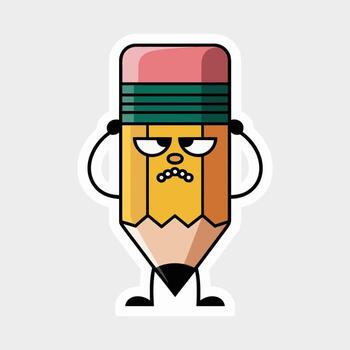 enojado lápiz dibujos animados personaje con un gruñón expresión aislado en blanco antecedentes representa frustración, molestia, o un malo estado animico en un colegio o oficina ajuste vector