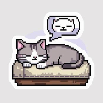 Pixel art cat sleeping isolated on white background, dreaming of another cat, a cute kitten in a cartoon style, a digital drawing for decoration and retro game sprite vector