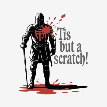 A brave knight in shining armor, unfazed by a mere scratch, isolated on white background, perfect for fans of monty python and medieval humor, a graphic design with a touch of historical parody vector