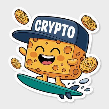 un dibujos animados queso personaje con un cripto gorra surf en un ola con flotante monedas aislado en blanco antecedentes un divertido y juguetón diseño para criptomoneda y surf entusiastas vector