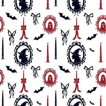 Seamless Halloween pattern with witch and ghost frames, bats, and red-accented frame and candlestick. Hand drawn spooky design for decorations, cards, invitations, and wrapping vector