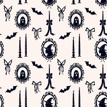 Seamless Halloween pattern with witch and ghost frames, candlesticks, bats, and bows. Hand drawn spooky design for decorations, cards, invitations, and wrapping vector