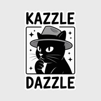 A cool black cat with a fedora hat, isolated on white background the cat is thinking with a clever expression, surrounded by stars and the words kazzle dazzle in a square frame vector