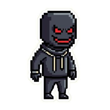 A pixel art illustration of an evil character with a hoodie isolated on white background, showcasing a retro game design with a vintage and digital style vector