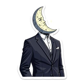 un caprichoso pegatina presentando un hombre en un traje con un creciente Luna para un cabeza, aislado en blanco fondo, exhibiendo un único mezcla de negocio atuendo y celestial encanto vector