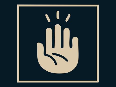 Stylized illustration of hand with rays in rectangular frame on dark background. concept of symbol, gesture, spirituality, mindfulness, meditation, icon, logo, design element vector