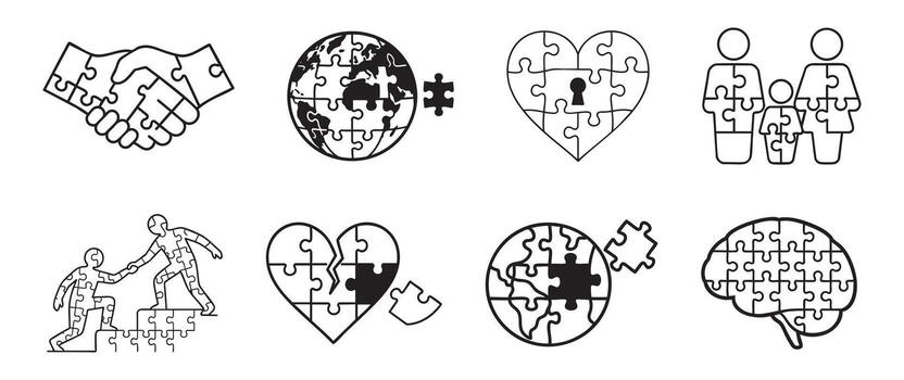 Black outline of puzzle piece icons set featuring earth, heart, family, brain on white background. concept of unity, connection, teamwork, compassion, global understanding, support vector