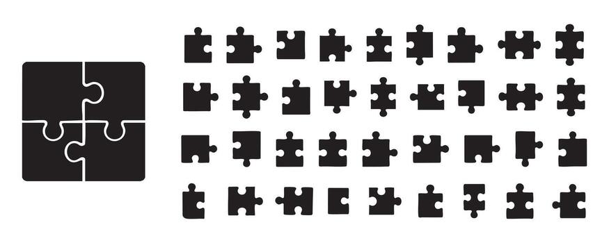 negro rompecabezas piezas y conjunto acuerdo, ilustración. concepto de problema resolviendo, cerebro rompecabezas, rompecabezas, juego, lógica, icono, aislado diseño, creatividad, blanco antecedentes. vector