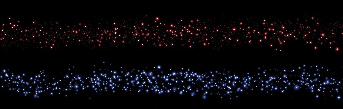 Red and blue glittering dots, particles, stars magic sparks. Dust cloud flare light effect. Red luminous points with smoke. particles on dark background vector