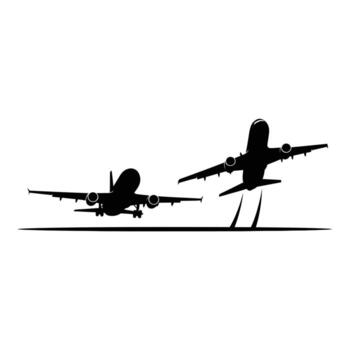 Dramatic Silhouette of Two Airplanes Taking Off from Runway, Dynamic Air Travel Scene, Powerful and Exciting vector