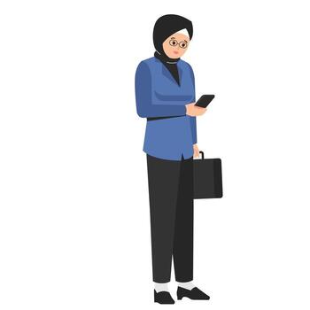 A hijab girl office worker with a phone walking isolated. netizens concept vector
