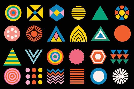 Collection of colorful geometric shapes and patterns on black background vector