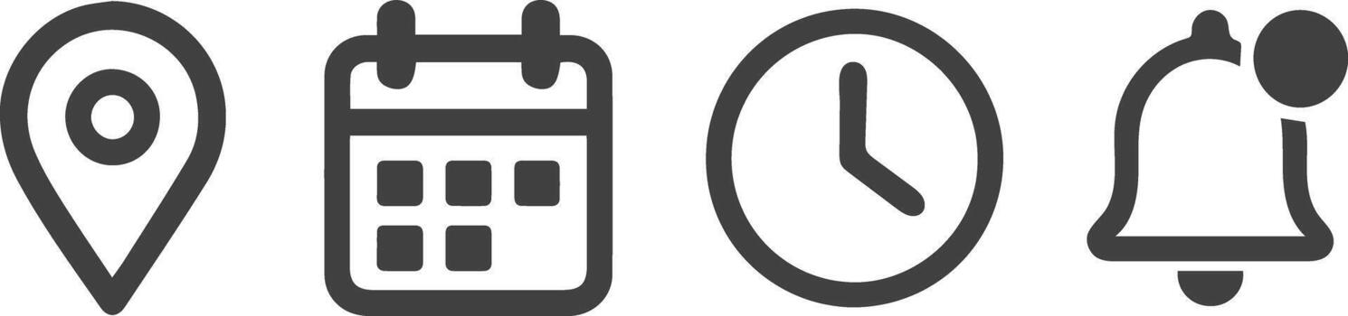 Set of four simple black and white icons representing location calendar clock and notification bell vector