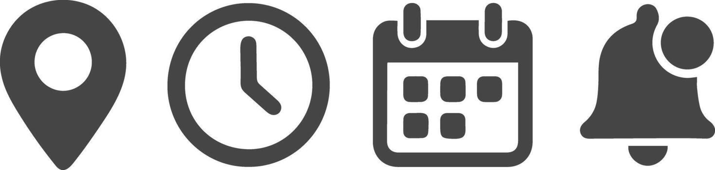 Four black icons representing location time calendar and notification on a white background vector