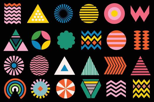 un vibrante colección de resumen geométrico formas y patrones en un negro antecedentes vector