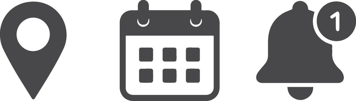 Collection of three black icons representing location calendar and notification vector