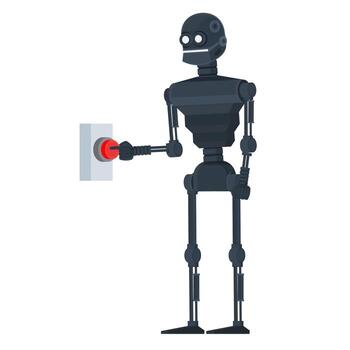 Robot presses the red button. Robot turns on the device vector