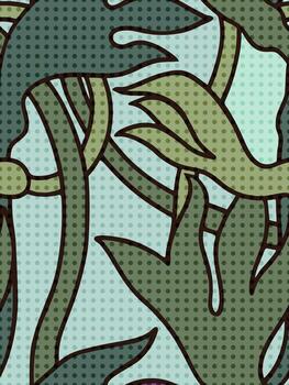 frio decorativo botánico sin costura antecedentes con resumen superposición hojas y curvo tallos en verde sombras con punteado popular Arte efecto vector