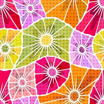 brillante sin costura antecedentes con resumen flores en multicolor irregular losas y trama de semitonos puntos, inspirado por popular Arte y zentangle estilo vector