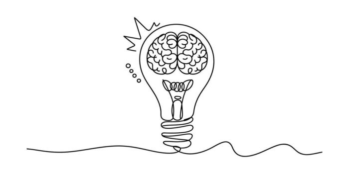 Single-line drawing Brain inside lightbulb, innovative idea concept, creative solution, minimalist style, bright white background. vector