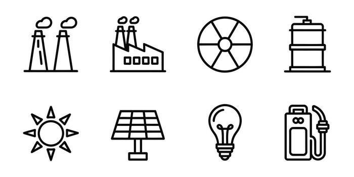 Clean Energy Sources and Industrial Pollution Simple Line Icons Set for Sustainability Reports and Presentations. vector